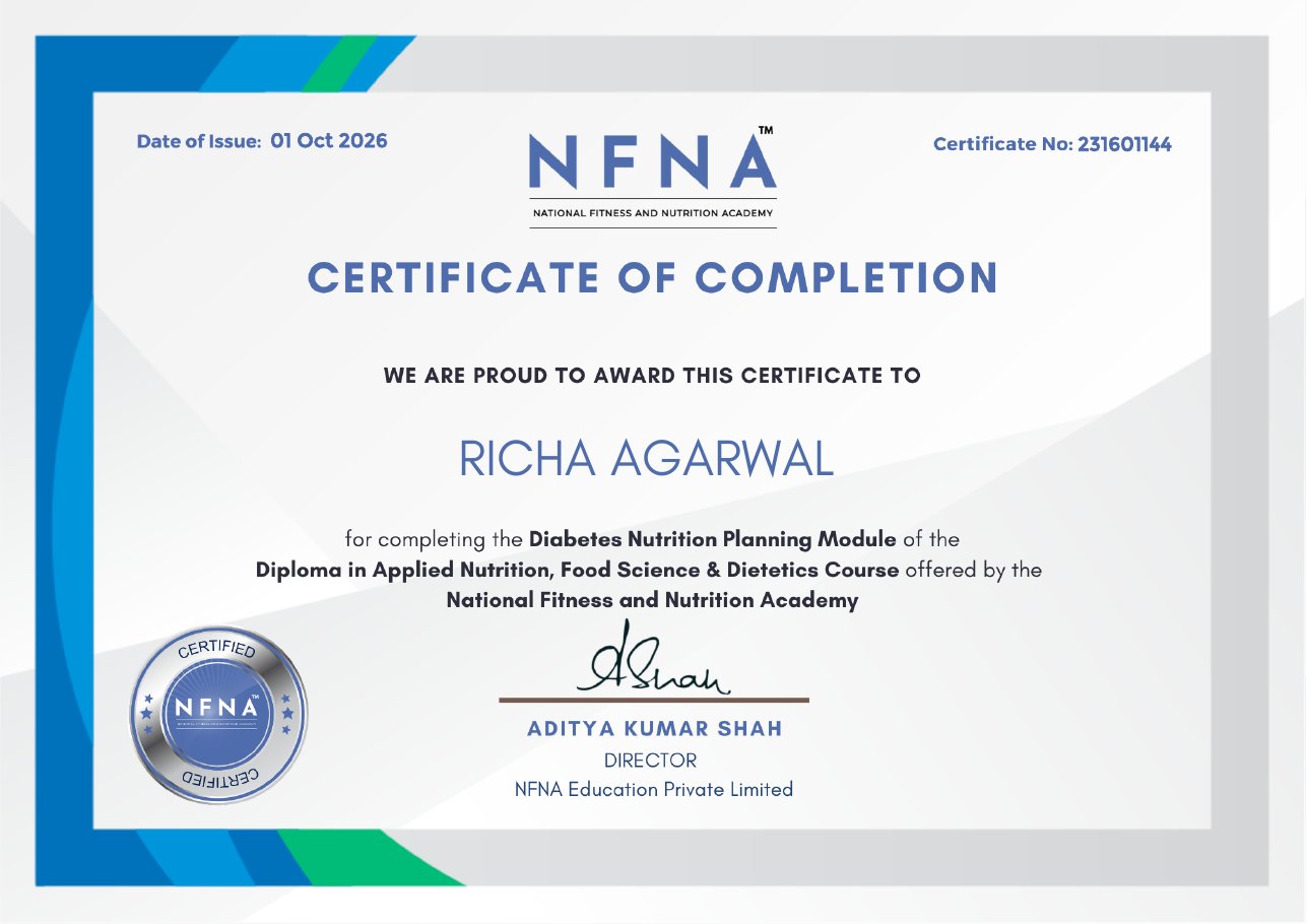 Diabetes certificate issued to Richa Agarwal