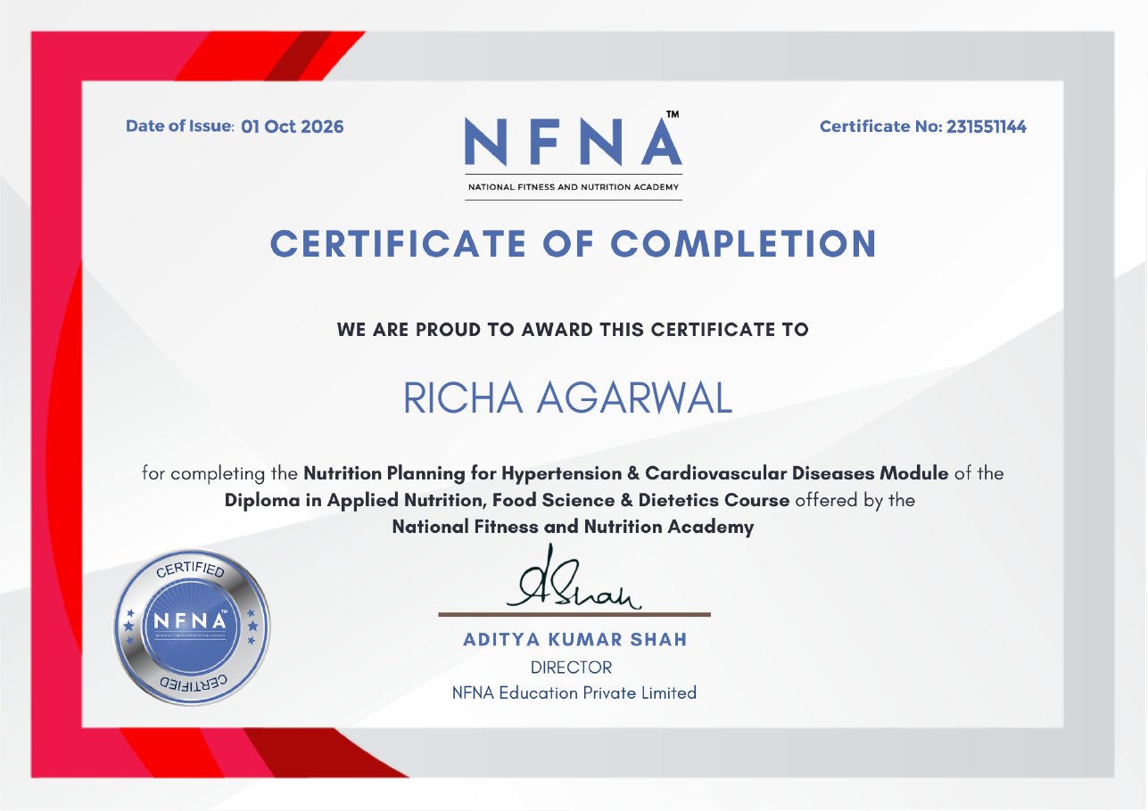 Heart and blood pressure certificate issued to Richa Agarwal