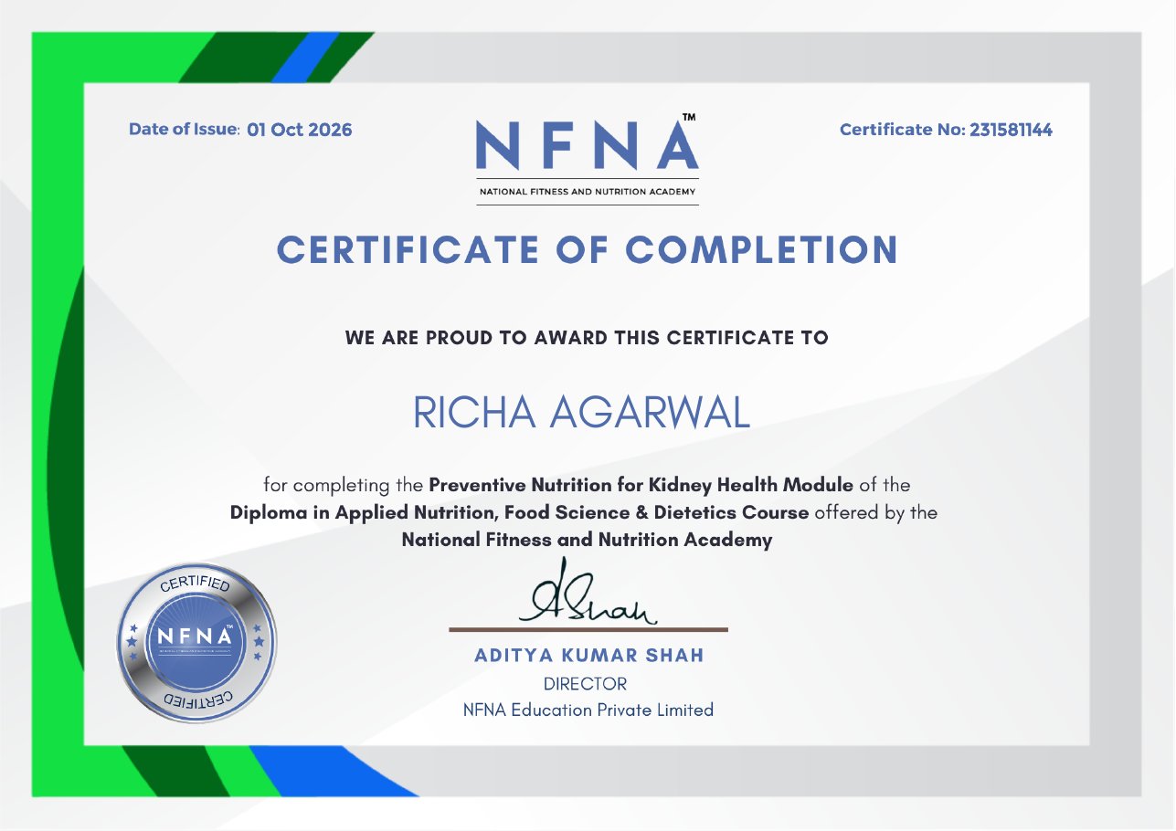 Kidney health certificate issued to Richa Agarwal