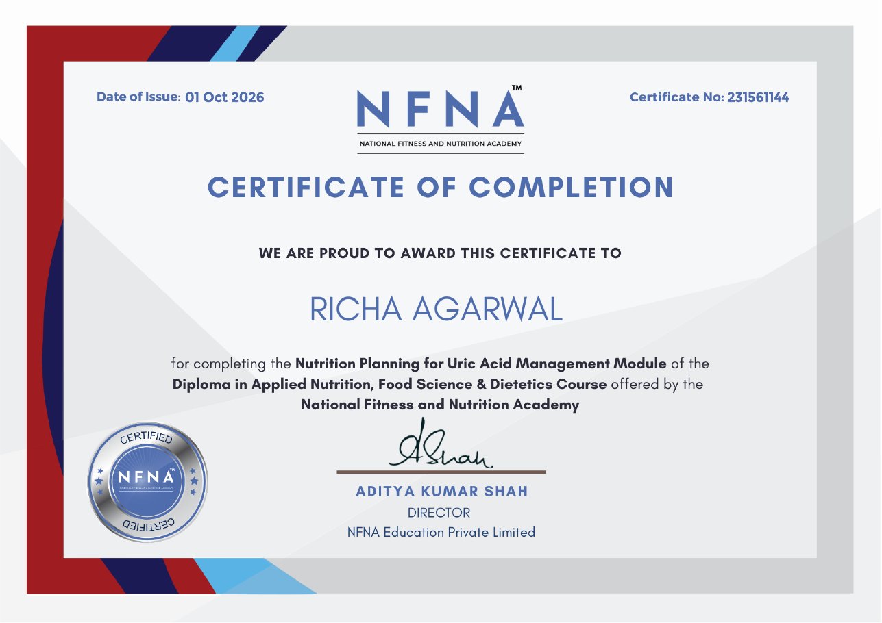 Uric acid certificate issued to Richa Agarwal