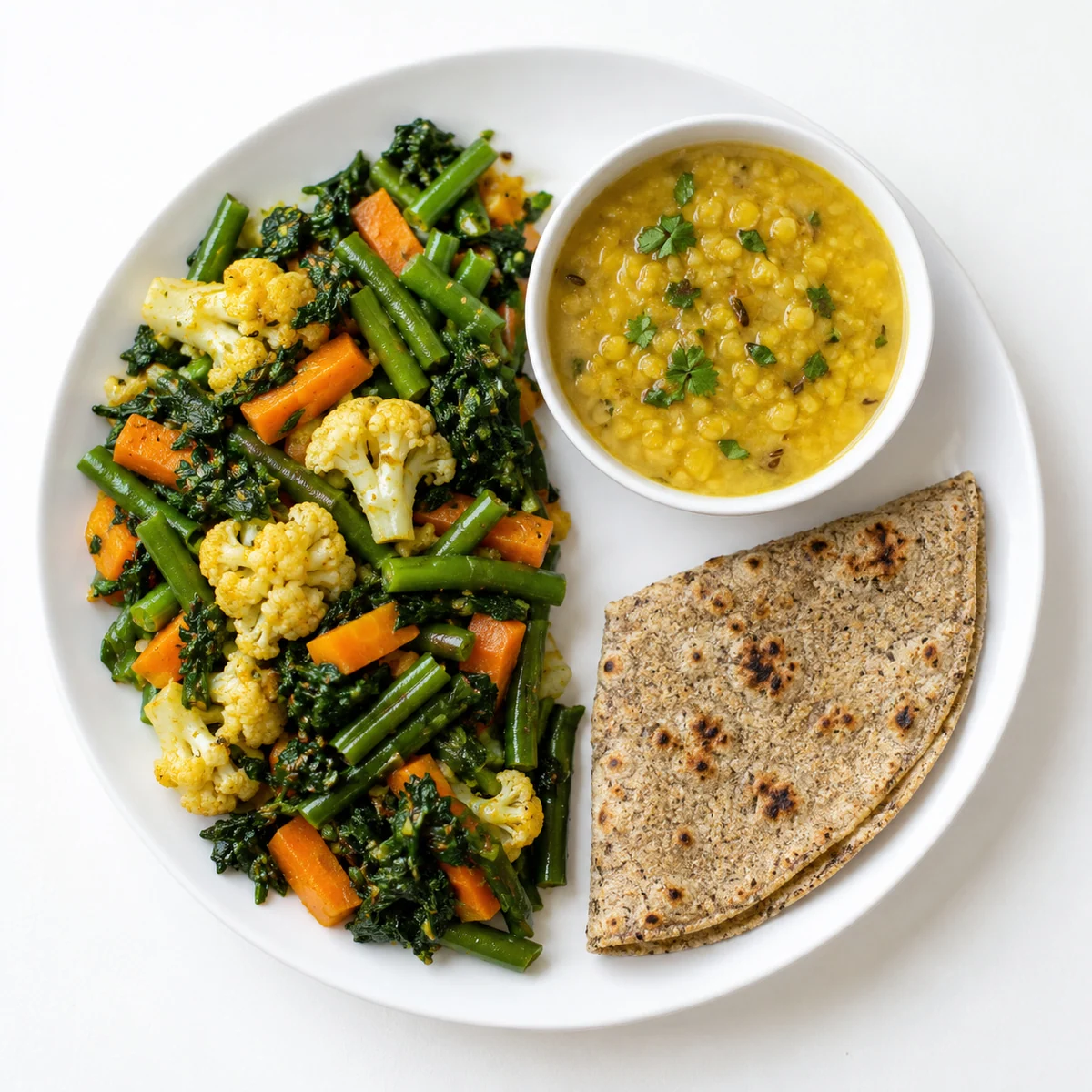 An Indian plate with vegetables, protein and grains