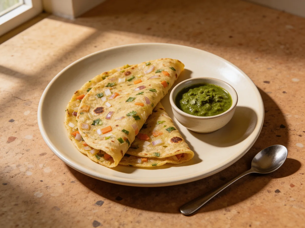 Besan chilla with chutney and accompaniments