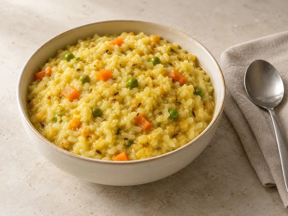 Vegetable moong dal khichdi served with accompaniments
