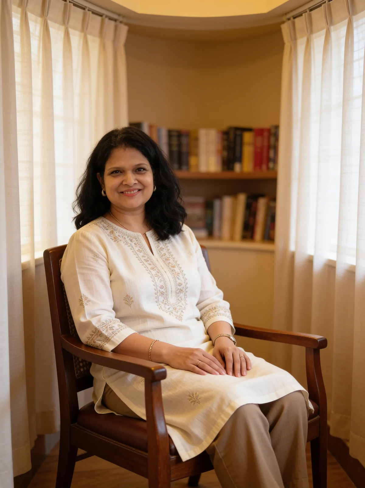 Portrait of Richa seated in a cream kurta